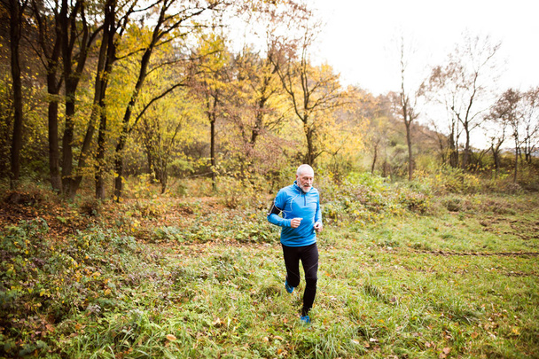 Senior man running in nature with smart phone and earphones. - Photo, Image