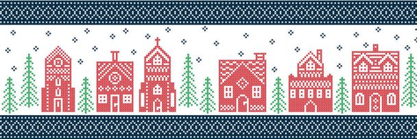 Estilo escandinavo e cultura nórdica inspirado Natal, inverno festivo país das maravilhas aldeia padrão em estilo ponto de cruz com casa de gengibre, igreja, pequenas casas da cidade, árvore em vermelho verde azul
 - Vetor, Imagem