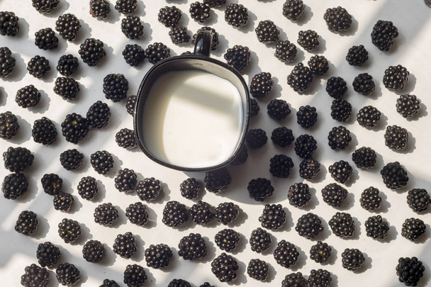 Various fresh summer berries. Blackberries and cup of milk isolated on white background. Top view - Photo, Image