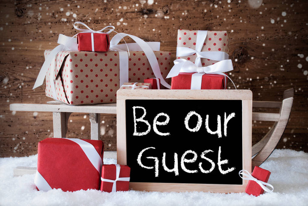 Sleigh With Gifts, Snow, Snowflakes, Text Be Our Guest - Photo, Image
