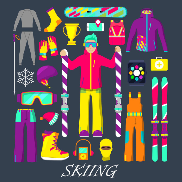 冬男、スキー、服、ゴーグルでスキーのアイコンを設定する装置です。ベクトル図 - ベクター画像