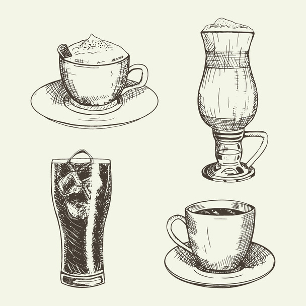 Grafik kadeh buzlu kapuçino, latte, americano ve coca-cola Kupası içerir. Vektör çizim. - Vektör, Görsel