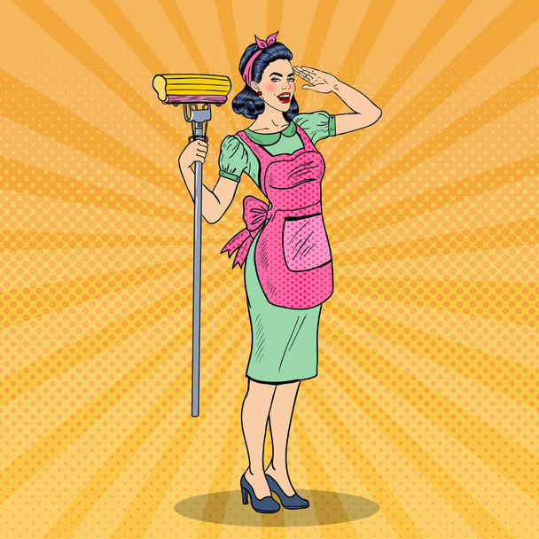 Pop Art Young vertrouwen huisvrouw vrouw reinigen van huis met Mop. Vectorillustratie - Vector, afbeelding