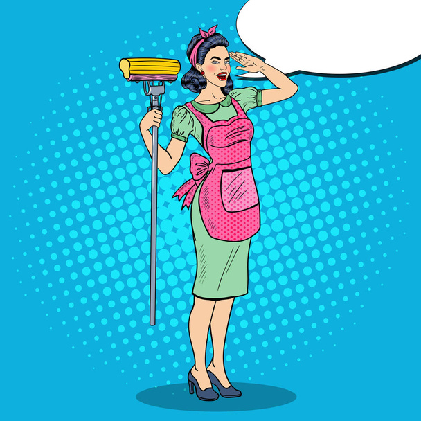 Pop Art Young Confident Housewife Woman Cleaning House with Mop. Vector illustration - Vector, Image