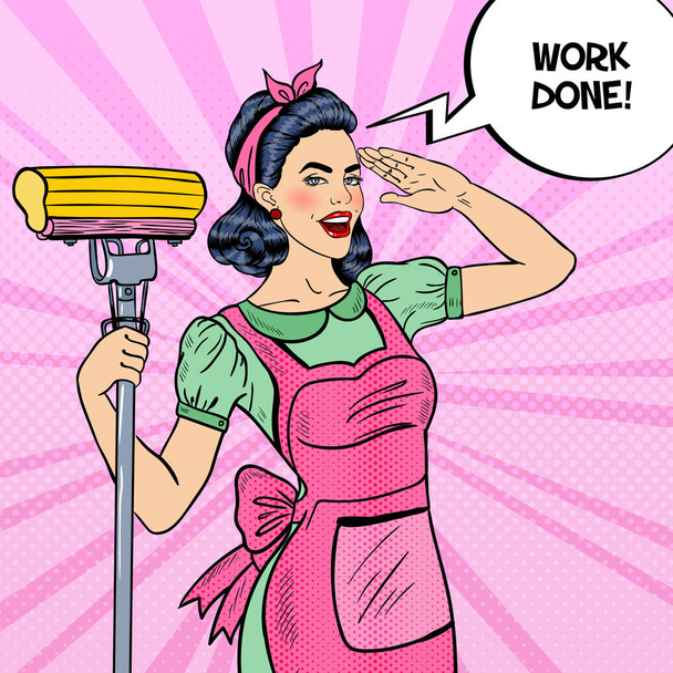 Pop Art junge selbstbewusste Hausfrau putzt Haus mit Wischmopp. Vektorillustration - Vektor, Bild