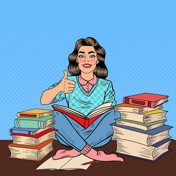 Eine junge Frau sitzt auf dem Büchertisch und liest mit erhobenem Daumen ein Buch. Vektorillustration - Vektor, Bild