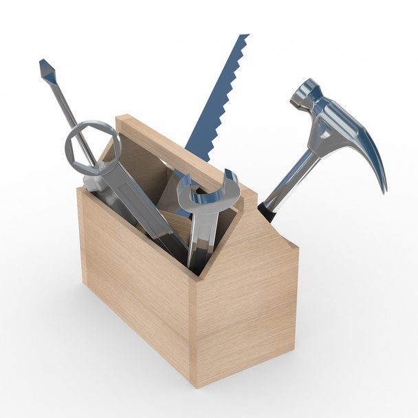 Wooden box with tools. Isolated 3D image - Foto, immagini