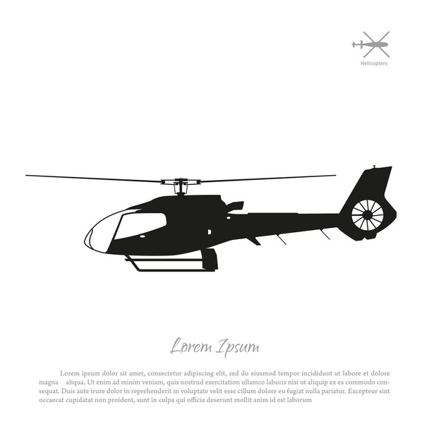 Černé helikoptéry silueta na bílém pozadí. Boční pohled - Vektor, obrázek