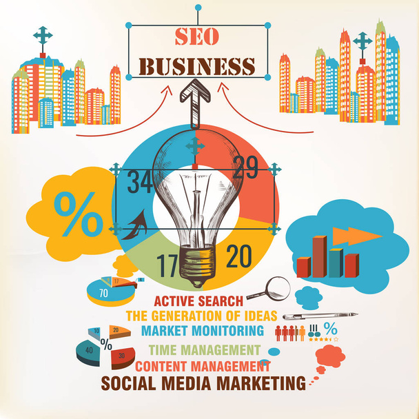 Antecedentes de infografía empresarial. Seo, marketing en redes sociales, st
 - Vector, imagen
