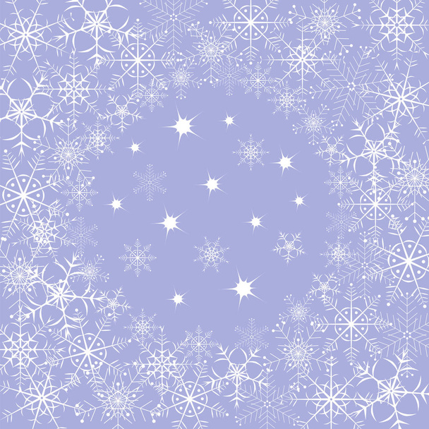 Új rajz banner fehér hópelyhek, világos lila háttér megvilágítás. - Vektor, kép