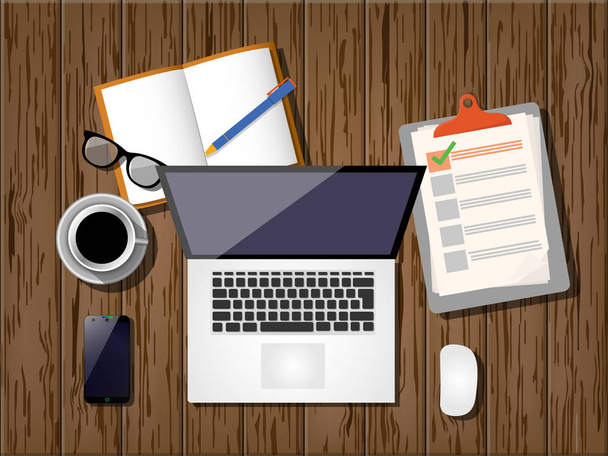 графічний дизайн ноутбука, чашки кави, ноутбука, смартфона, окулярів і комп'ютерної миші на столі в топі
 - Вектор, зображення