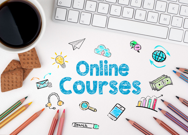 Online Courses, Business concept. White office desk - Photo, Image