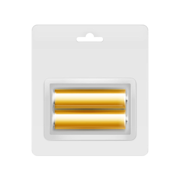Kultainen keltainen kiiltävä emäksinen AA-paristot läpinäkyvässä läpipainopakkauksessa
 - Vektori, kuva