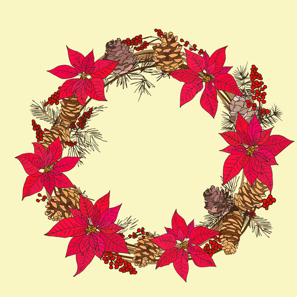 Winter circlet of flowers with fir cone and berries - Vector, Image