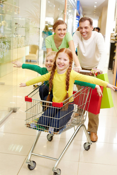 parents carrying their children in shopping cart - 写真・画像