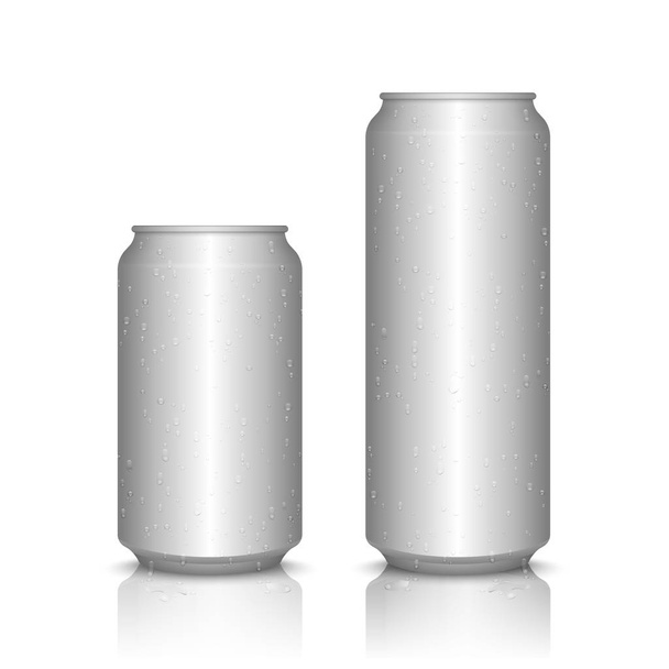 Aluminium blikjes geïsoleerd op wit met waterdruppels, vector - Vector, afbeelding