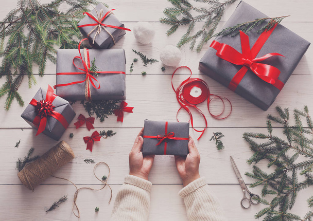 Creative hobby. Wrapping christmas present in box, top view - Φωτογραφία, εικόνα