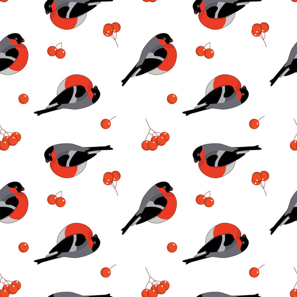 Seamless pattern with bullfinchs and rowan berries. Vector illustration on white background. - Vecteur, image