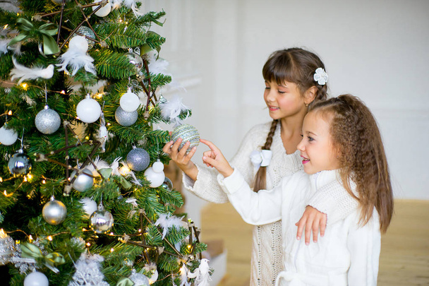 Two girls decorate the Christmas tree - Photo, image