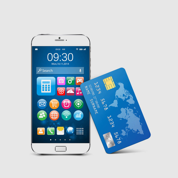 Mobil ödeme kavramı, Modern telefon smartphone ile kredi card.vector - Vektör, Görsel