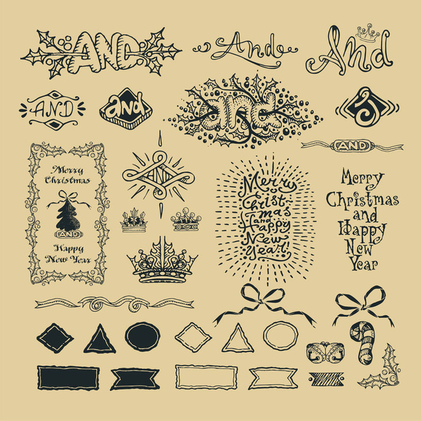 Kézzel rajzolt karácsonyi és újévi dekoráció készlet kalligráfia  - Vektor, kép