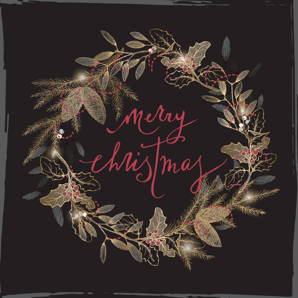 Vintage Christmas card with lettering, mistletoe, pine, wreath on black. - Vetor, Imagem