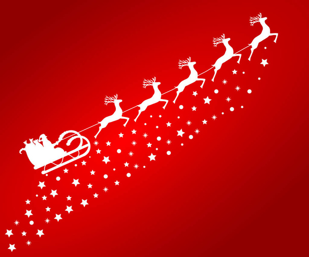 Santa Claus in sled rides in the  reindeer on a red backgrou - Vector, Image
