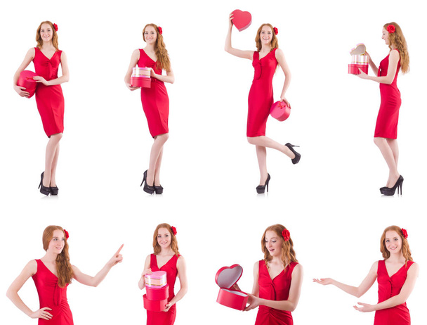 Red dress woman holding gift box isolated on white - Fotografie, Obrázek