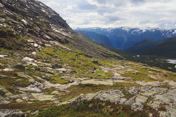 Classic norwegian scandinavian summer mountain landscape view with mountains, fjord, lake with a blue sky, Norway, Lofoten Islands - Zdjęcie, obraz
