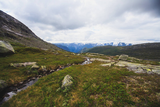 Classic norwegian scandinavian summer mountain landscape view with mountains, fjord, lake with a blue sky, Norway, Lofoten Islands - Fotoğraf, Görsel