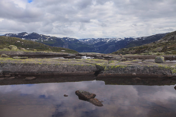 Classic norwegian scandinavian summer mountain landscape view with mountains, fjord, lake with a blue sky, Norway, Lofoten Islands - Fotoğraf, Görsel