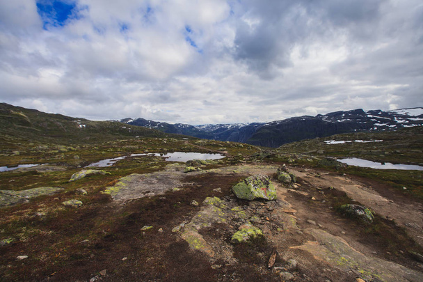 Classic norwegian scandinavian summer mountain landscape view with mountains, fjord, lake with a blue sky, Norway, Lofoten Islands - Foto, Bild