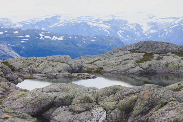 Classic norwegian scandinavian summer mountain landscape view with mountains, fjord, lake with a blue sky, Norway, Lofoten Islands - Foto, imagen