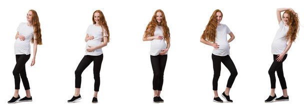 Беременная женщина на композитном изображении изолирована на белом - Фото, изображение