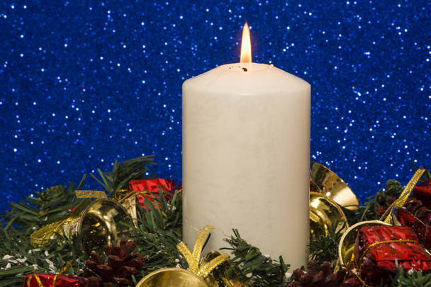 Christmas Decorations With Lit Candle - Photo, Image