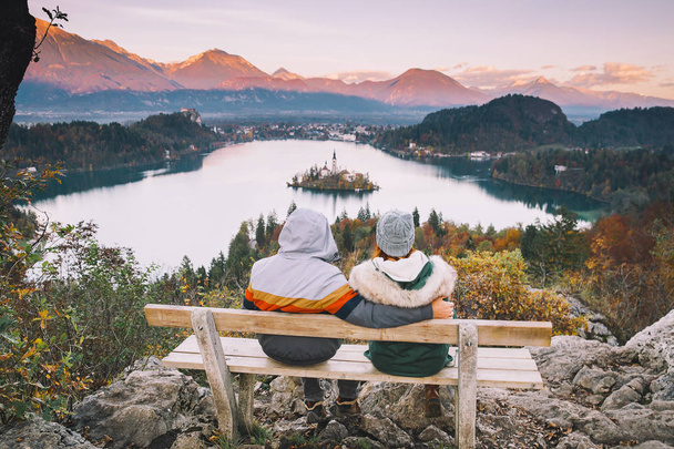 Traveling family looking on Bled Lake, Slovenia, Europe  - Foto, Imagen