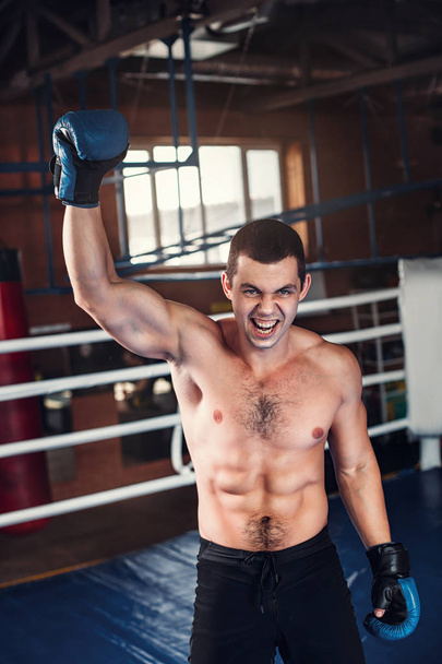 Boxer with angry face raising hand up - 写真・画像