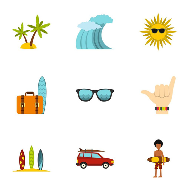 Swimming on surf icons set, flat style - Вектор,изображение
