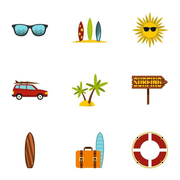 Surfing club icons set, flat style - Διάνυσμα, εικόνα