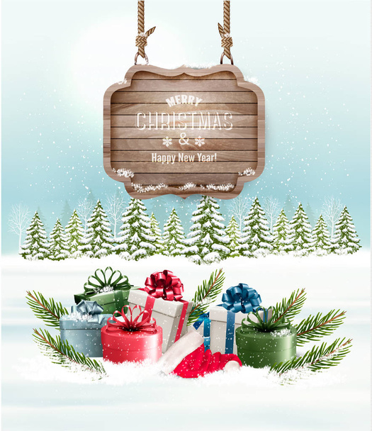 Zimní pozadí s dárkové krabičky a dřevěné zdobené veselé chri - Vektor, obrázek