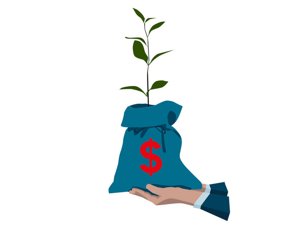 Money Tree. Money Bag With Dollar in Human Hand - Vector, Image