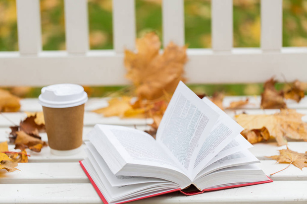 open book and coffee cup on bench in autumn park - Fotoğraf, Görsel
