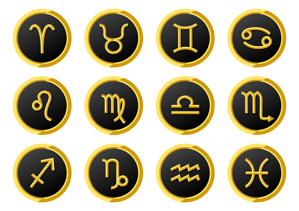 símbolos del zodíaco dorado en marco de anillo de oro
 - Vector, Imagen
