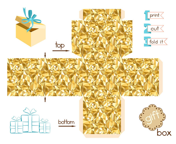 bedruckbare Geschenkbox mit goldenen Dreiecken Mosaikmuster - Vektor, Bild