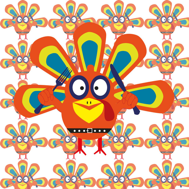 Vector Illustration cartoon turkey. Happy Thanksgiving day concept. Background pattern - Vektör, Görsel