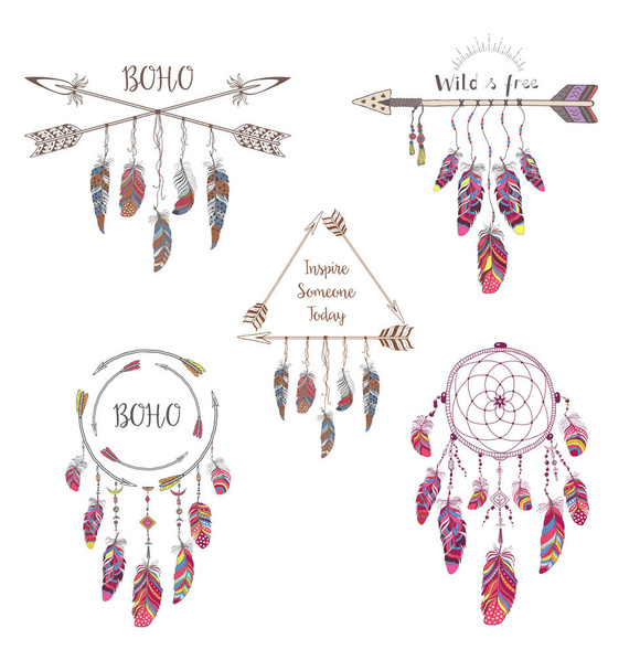 Set of Boho Style Design for T-shirt, Tattoo and Decoration. - Vecteur, image