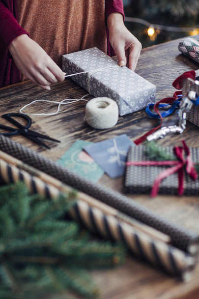 Woman Wrapping Christmas Presents - Fotoğraf, Görsel