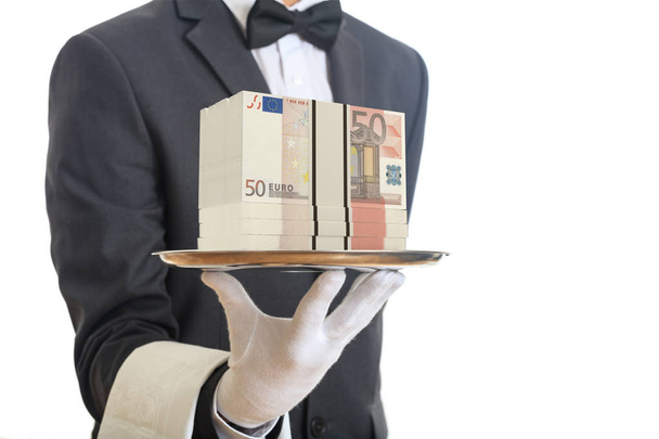 3D renderowania kelner oferuje 50 banknotów - Zdjęcie, obraz