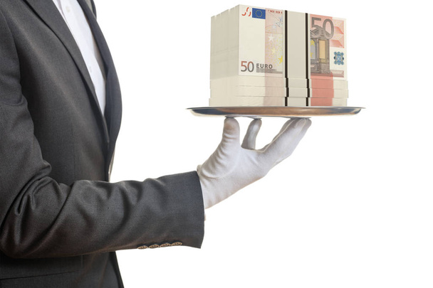 3d rendering waiter offering 50 euro banknotes - Photo, Image