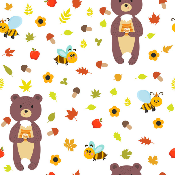 Бесшовный рисунок с медведями и пчелами. Симпатичные дети
 - Вектор,изображение
